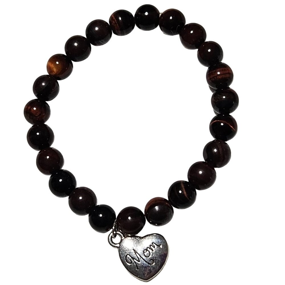 Natural Tiger Eye Bead Heart Mom Charm Stretch Bracelet Mothers Day Jewelry